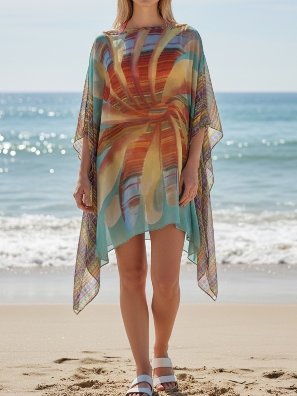 Orange Fashion Village Colourful Chiffon Beach Coverup Layering Top One Size